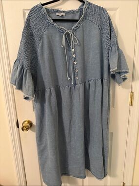 Polagram Powder Blue Smocked Sleeve Midi Babydoll Dress